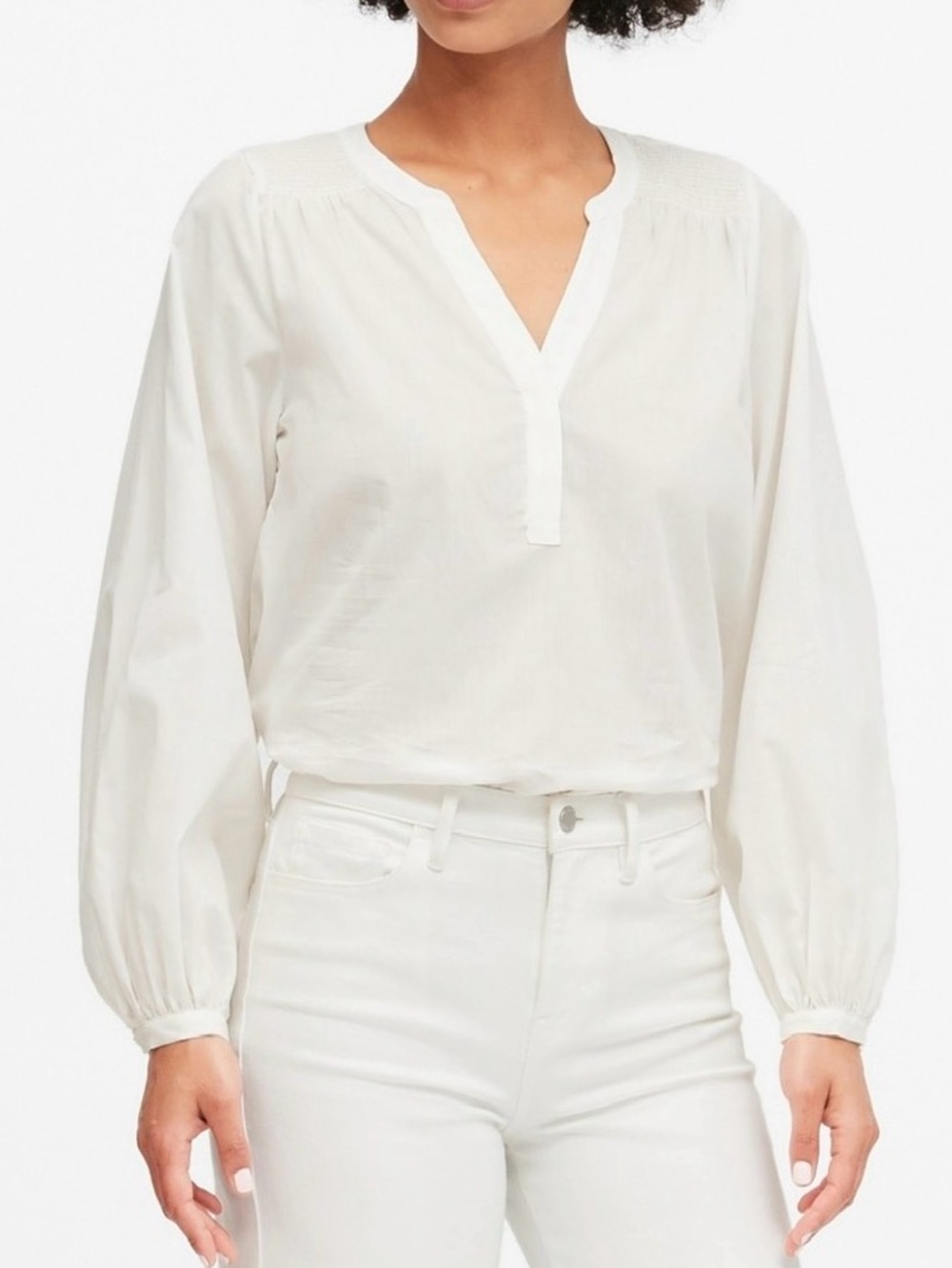 Banana Republic White Pintuck Smocked V-Neck Peasant‎ Blouse #448